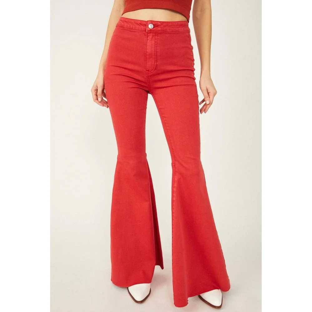 Free People We The Free Float On Flare Jeans Sultry Red High Rise Bell Bottom 28